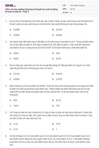 500+ câu trắc nghiệm tổng hợp Lý thuyết xác suất và thống kê toán có đáp án - Phần 2
