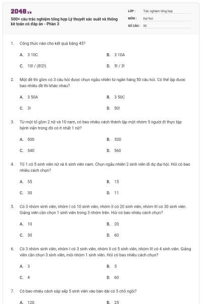 500+ câu trắc nghiệm tổng hợp Lý thuyết xác suất và thống kê toán có đáp án - Phần 3