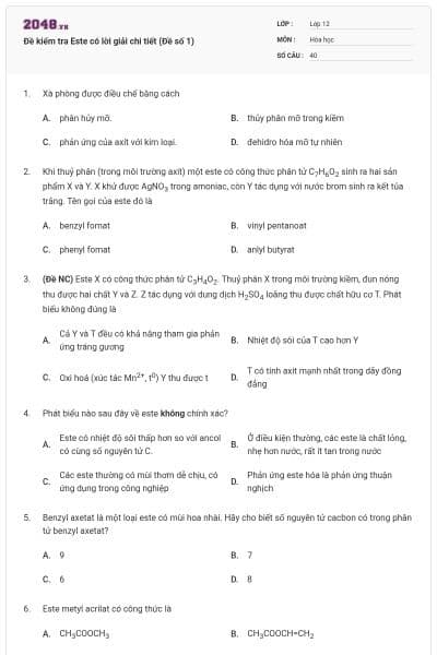 Đề kiểm tra Este có lời giải chi tiết (Đề số 1)