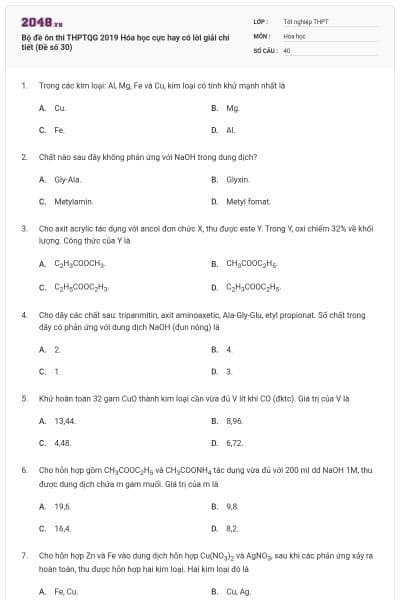 Bộ đề ôn thi THPTQG 2019 Hóa học cực hay có lời giải chi tiết (Đề số 30)