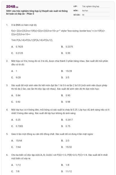 500+ câu trắc nghiệm tổng hợp Lý thuyết xác suất và thống kê toán có đáp án - Phần 5