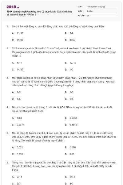 500+ câu trắc nghiệm tổng hợp Lý thuyết xác suất và thống kê toán có đáp án - Phần 6