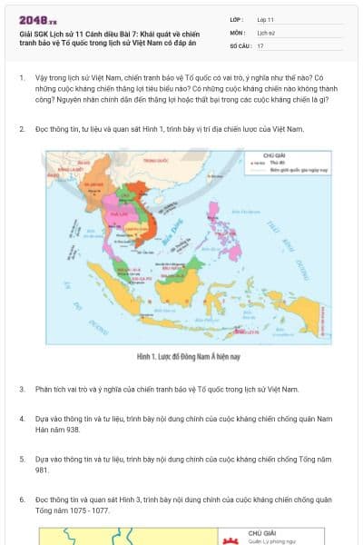 Giải SGK Lịch sử 11 Cánh diều Bài 7: Khái quát về chiến tranh bảo vệ Tổ quốc trong lịch sử Việt Nam có đáp án