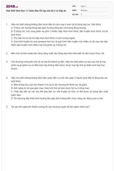 Giải SGK Sinh Học 11 Cánh diều Ôn tập chủ đề 2 có đáp án