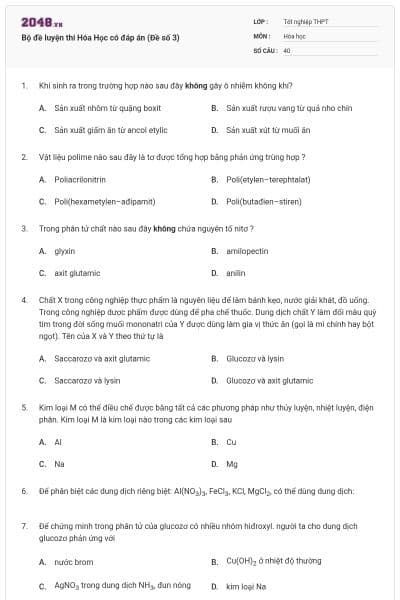 Bộ đề luyện thi Hóa Học có đáp án (Đề số 3)