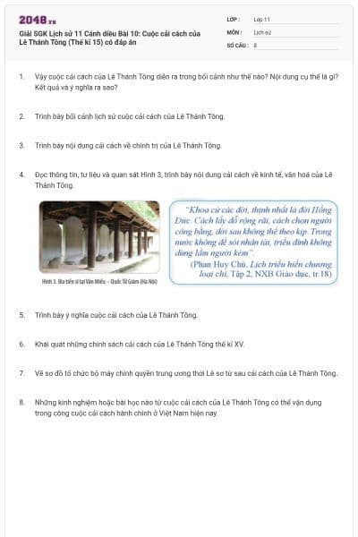 Giải SGK Lịch sử 11 Cánh diều Bài 10: Cuộc cải cách của Lê Thánh Tông (Thế kỉ 15) có đáp án