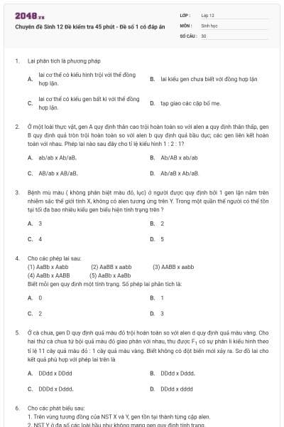 Chuyên đề Sinh 12 Đề kiểm tra 45 phút - Đề số 1 có đáp án