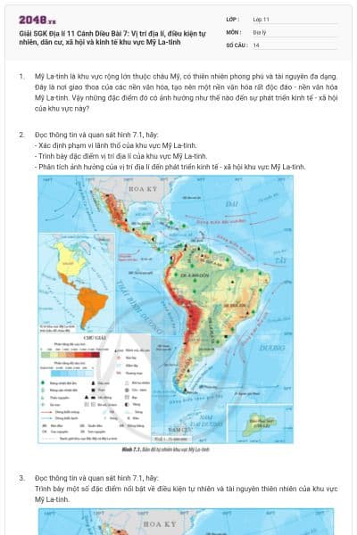 Giải SGK Địa lí 11 Cánh Diều Bài 7: Vị trí địa lí, điều kiện tự nhiên, dân cư, xã hội và kinh tế khu vực Mỹ La-tinh