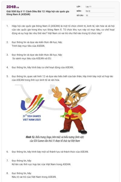 Giải SGK Địa lí 11 Cánh Diều Bài 12: Hiệp hội các quốc gia Đông Nam Á (ASEAN)