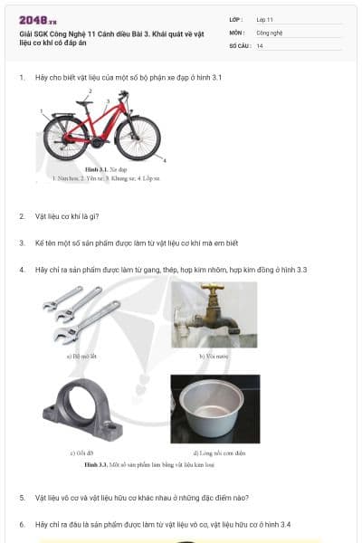 Giải SGK Công Nghệ 11 Cánh diều Bài 3. Khái quát về vật liệu cơ khí có đáp án