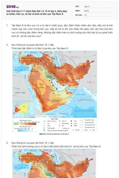 Giải SGK Địa lí 11 Cánh Diều Bài 14: Vị trí địa lí, điều kiện tự nhiên, Dân cư, xã hội và kinh tế khu vực Tây Nam Á