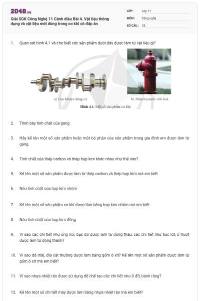 Giải SGK Công Nghệ 11 Cánh diều Bài 4. Vật liệu thông dụng và vật liệu mới dùng trong cơ khí có đáp án