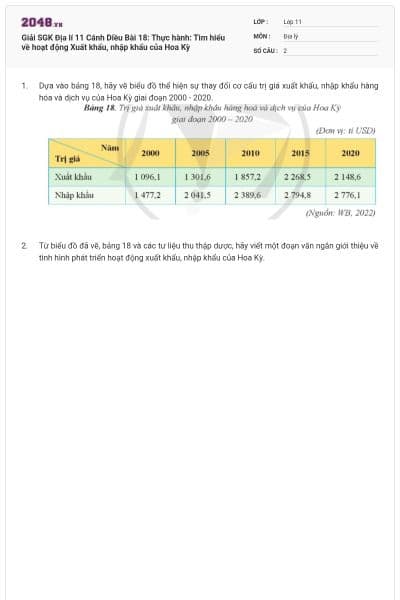 Giải SGK Địa lí 11 Cánh Diều Bài 18: Thực hành: Tìm hiểu về hoạt động Xuất khẩu, nhập khẩu của Hoa Kỳ
