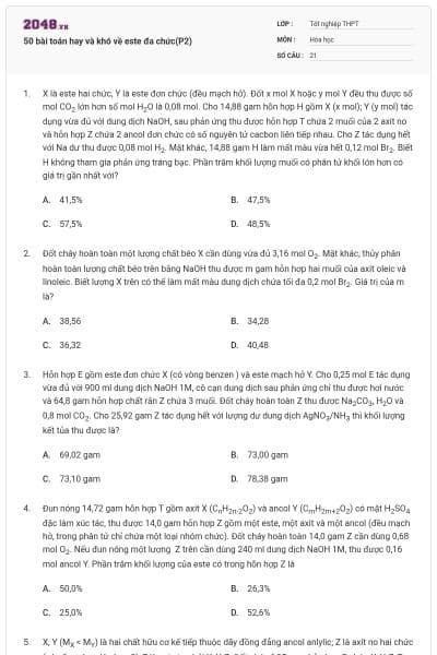 50 bài toán hay và khó về este đa chức(P2)