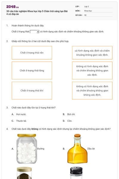 30 câu trắc nghiệm Khoa học lớp 5 Chân trời sáng tạo Bài 4 có đáp án