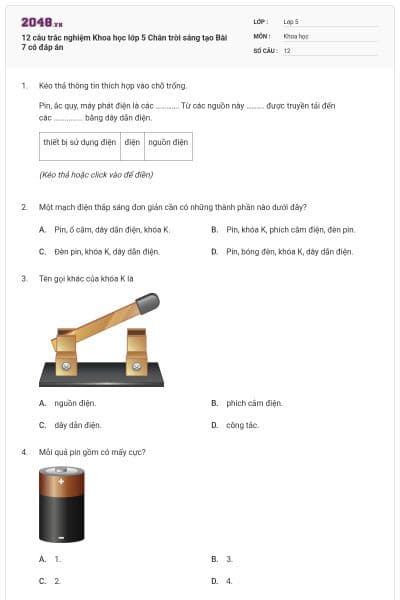 12 câu trắc nghiệm Khoa học lớp 5 Chân trời sáng tạo Bài 7 có đáp án