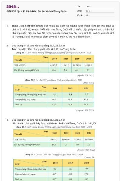 Giải SGK Địa lí 11 Cánh Diều Bài 26: Kinh tế Trung Quốc