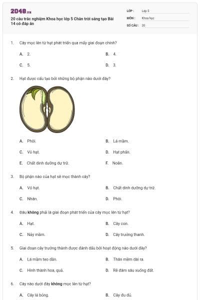 20 câu trắc nghiệm Khoa học lớp 5 Chân trời sáng tạo Bài 14 có đáp án