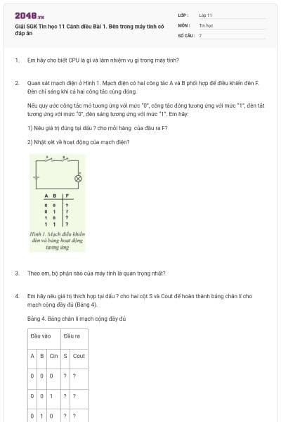 Giải SGK Tin học 11 Cánh diều Bài 1. Bên trong máy tính có đáp án