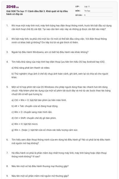 Giải SGK Tin học 11 Cánh diều Bài 3. Khái quát về hệ điều hành có đáp án
