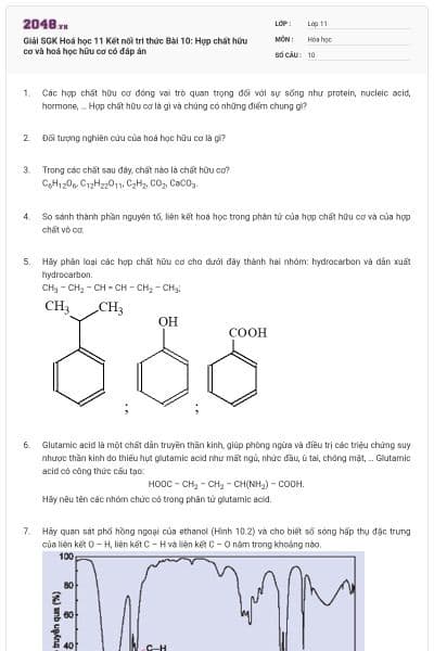 Giải SGK Hoá học 11 Kết nối tri thức Bài 10: Hợp chất hữu cơ và hoá học hữu cơ có đáp án