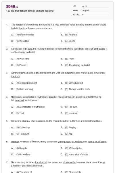 150 câu trắc nghiệm Tìm lỗi sai nâng cao (P5)