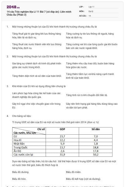 14 câu Trắc nghiệm Địa Lí 11 Bài 7 (có đáp án): Liên minh Châu Âu (Phần 3)