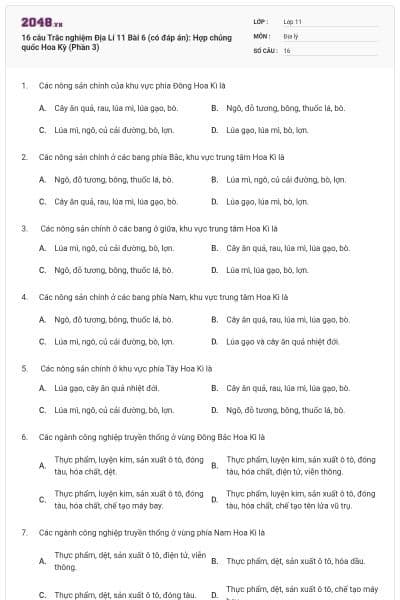 16 câu  Trắc nghiệm Địa Lí 11 Bài 6 (có đáp án): Hợp chủng quốc Hoa Kỳ (Phần 3)