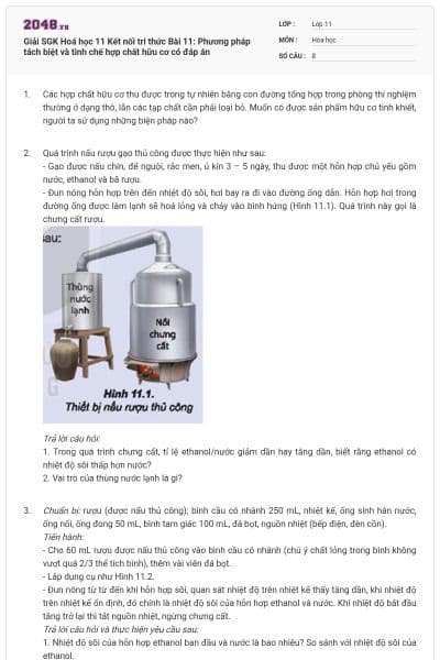 Giải SGK Hoá học 11 Kết nối tri thức Bài 11: Phương pháp tách biệt và tinh chế hợp chất hữu cơ có đáp án