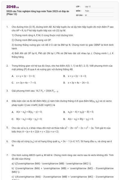 5920 câu Trắc nghiệm tổng hợp môn Toán 2023 có đáp án (Phần 13)
