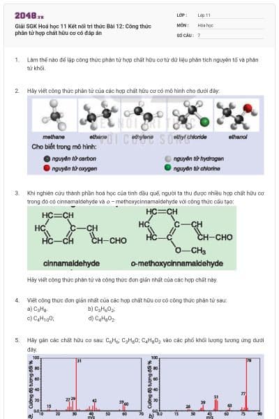 Giải SGK Hoá học 11 Kết nối tri thức Bài 12: Công thức phân tử hợp chất hữu cơ có đáp án