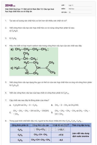 Giải SGK Hoá học 11 Kết nối tri thức Bài 13: Cấu tạo hoá học hợp chất hữu cơ có đáp án