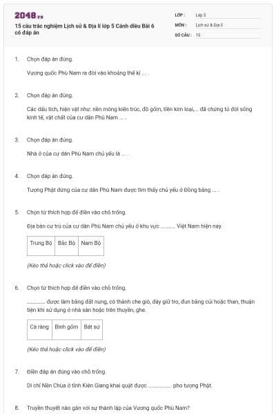 15 câu trắc nghiệm Lịch sử & Địa lí lớp 5 Cánh diều Bài 6 có đáp án