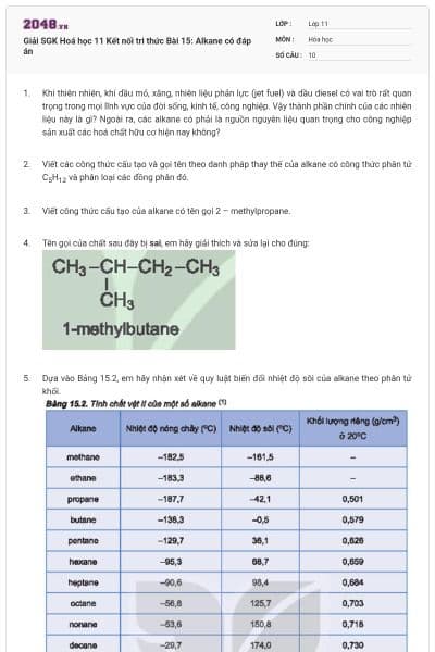 Giải SGK Hoá học 11 Kết nối tri thức Bài 15: Alkane có đáp án