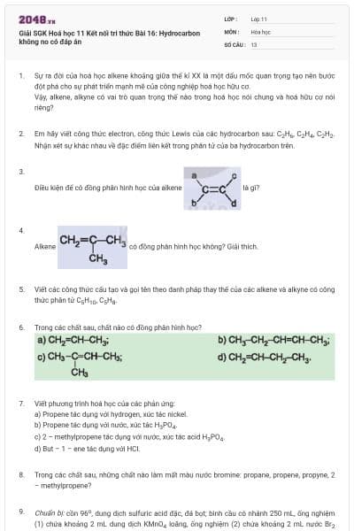 Giải SGK Hoá học 11 Kết nối tri thức Bài 16: Hydrocarbon không no có đáp án