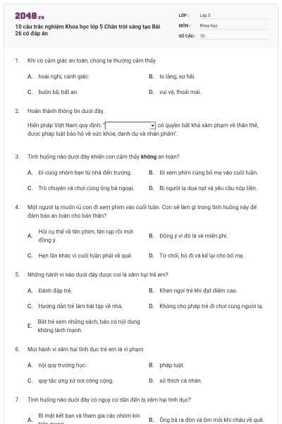 10 câu trắc nghiệm Khoa học lớp 5 Chân trời sáng tạo Bài 26 có đáp án