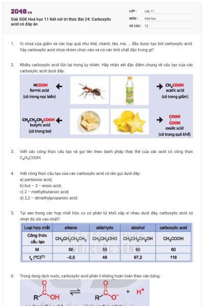 Giải SGK Hoá học 11 Kết nối tri thức Bài 24: Carboxylic acid có đáp án