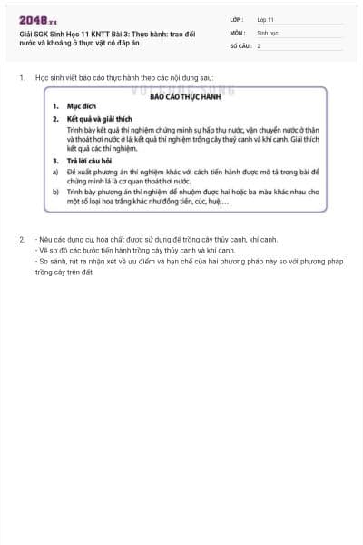 Giải SGK Sinh Học 11 KNTT Bài 3: Thực hành: trao đổi nước và khoáng ở thực vật có đáp án
