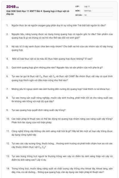 Giải SGK Sinh Học 11 KNTT Bài 4: Quang hợp ở thực vật có đáp án