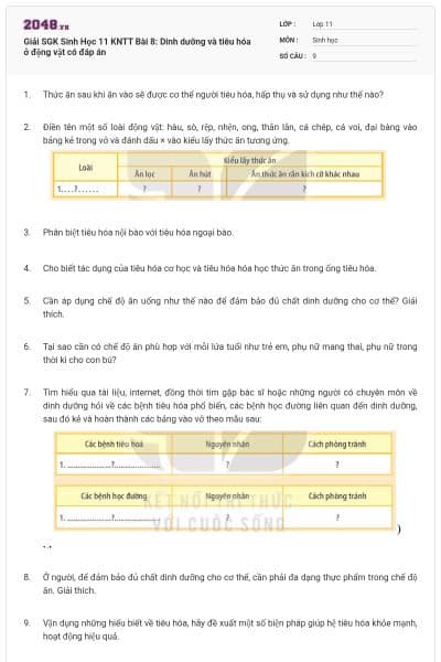 Giải SGK Sinh Học 11 KNTT Bài 8: Dinh dưỡng và tiêu hóa ở động vật có đáp án