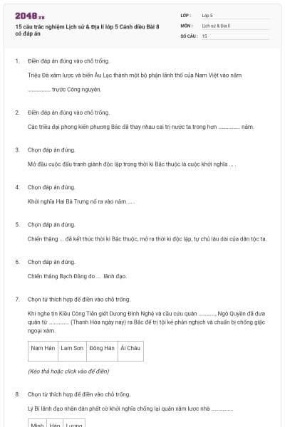 15 câu trắc nghiệm Lịch sử & Địa lí lớp 5 Cánh diều Bài 8 có đáp án