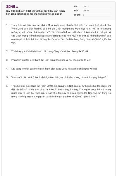 Giải SGK Lịch sử 11 Kết nối tri thức Bài 3: Sự hình thành liên bang cộng hoà xã hội chủ nghĩa xô viết có đáp án