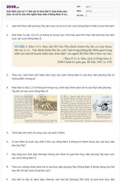 Giải SGK Lịch sử 11 Kết nối tri thức Bài 5: Quá trình xâm lược và cai trị của chủ nghĩa thực dân ở Đông Nam Á có đáp án