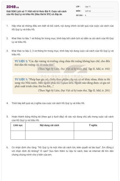 Giải SGK Lịch sử 11 Kết nối tri thức Bài 9: Cuộc cải cách của Hồ Quý Ly và triều Hồ (Đầu thế kỉ XV) có đáp án