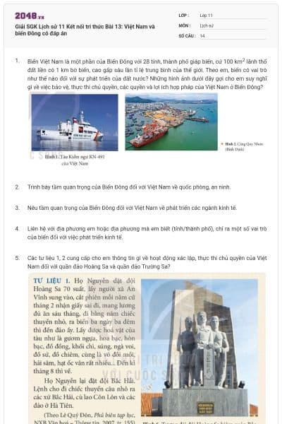 Giải SGK Lịch sử 11 Kết nối tri thức Bài 13: Việt Nam và biển Đông có đáp án