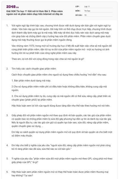 Giải SGK Tin học 11 Kết nối tri thức Bài 3. Phần mềm nguồn mở và phần mềm chạy trên Internet có đáp án