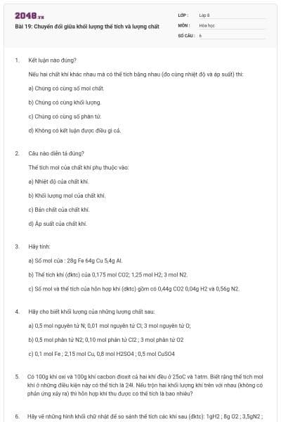 Bài 19: Chuyển đổi giữa khối lượng thể tích và lượng chất