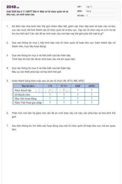 Giải SGK Địa lí 11 KNTT Bài 4: Một số tổ chức quốc tế và khu vực, an ninh toàn cầu