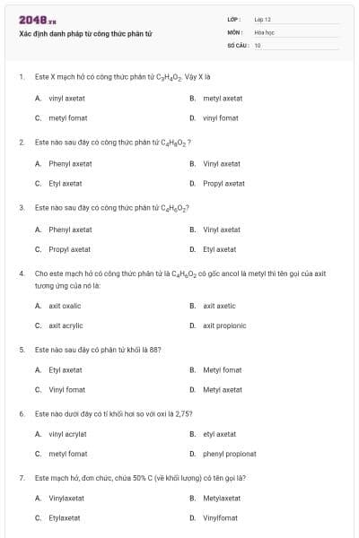 Xác định danh pháp từ công thức phân tử