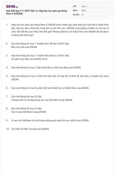 Giải SGK Địa lí 11 KNTT Bài 13: Hiệp hội các quốc gia Đông Nam Á (ASEAN)